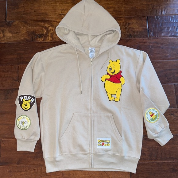 Disney WINNIE THE POOH Full Zip Hoodie Sweatshirt Large Patches Size Medium‎ - Picture 1 of 9